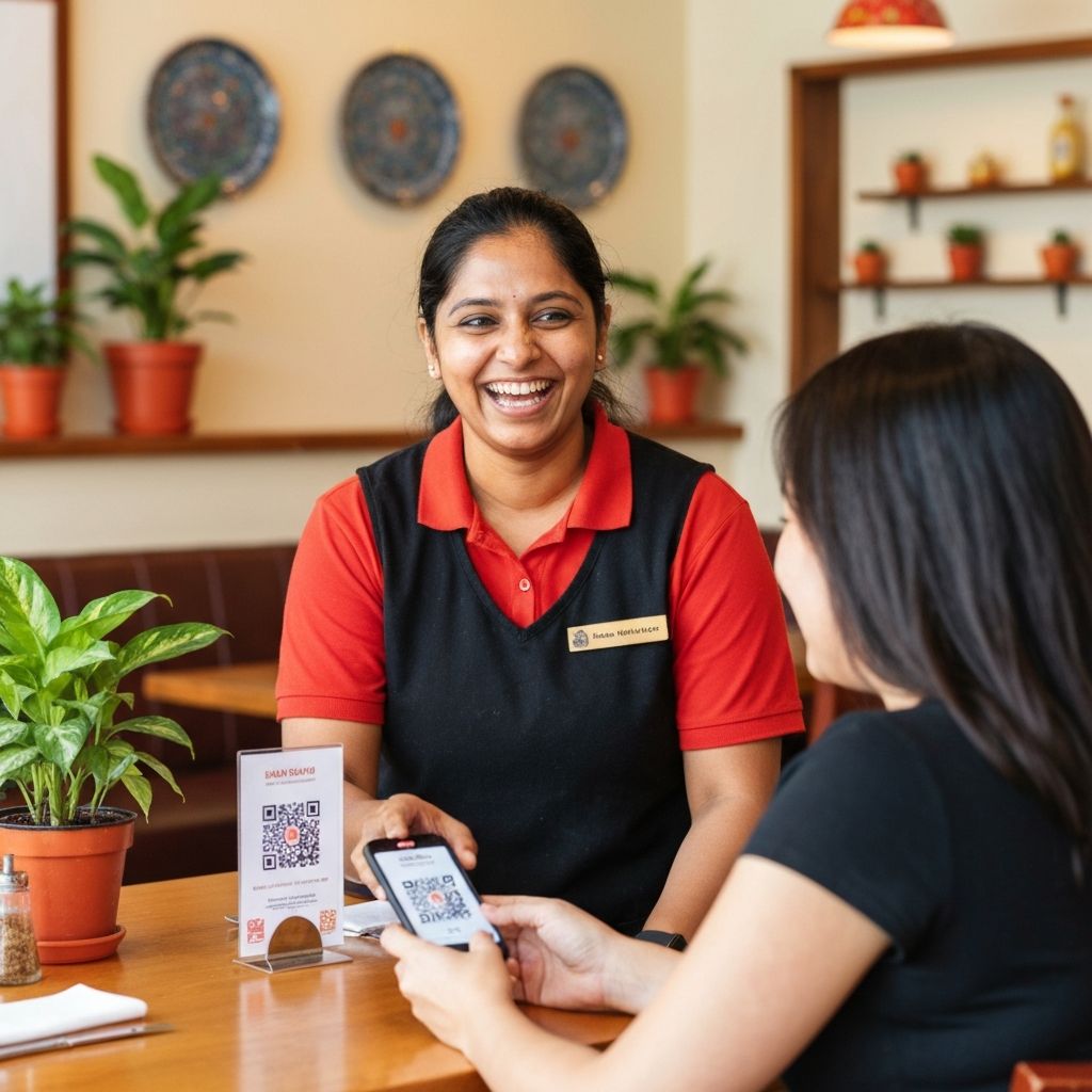 Dona de restaurante feliz mostrando QR Code do cardápio digital