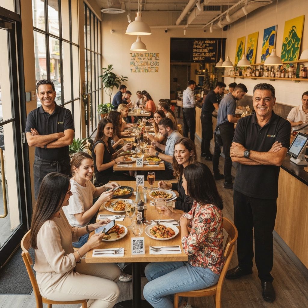 Restaurante cheio com clientes usando cardápio digital e dono orgulhoso
