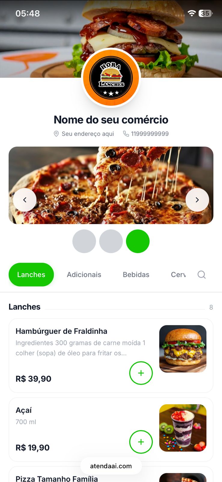 Tela inicial do cardápio digital AtendaAi