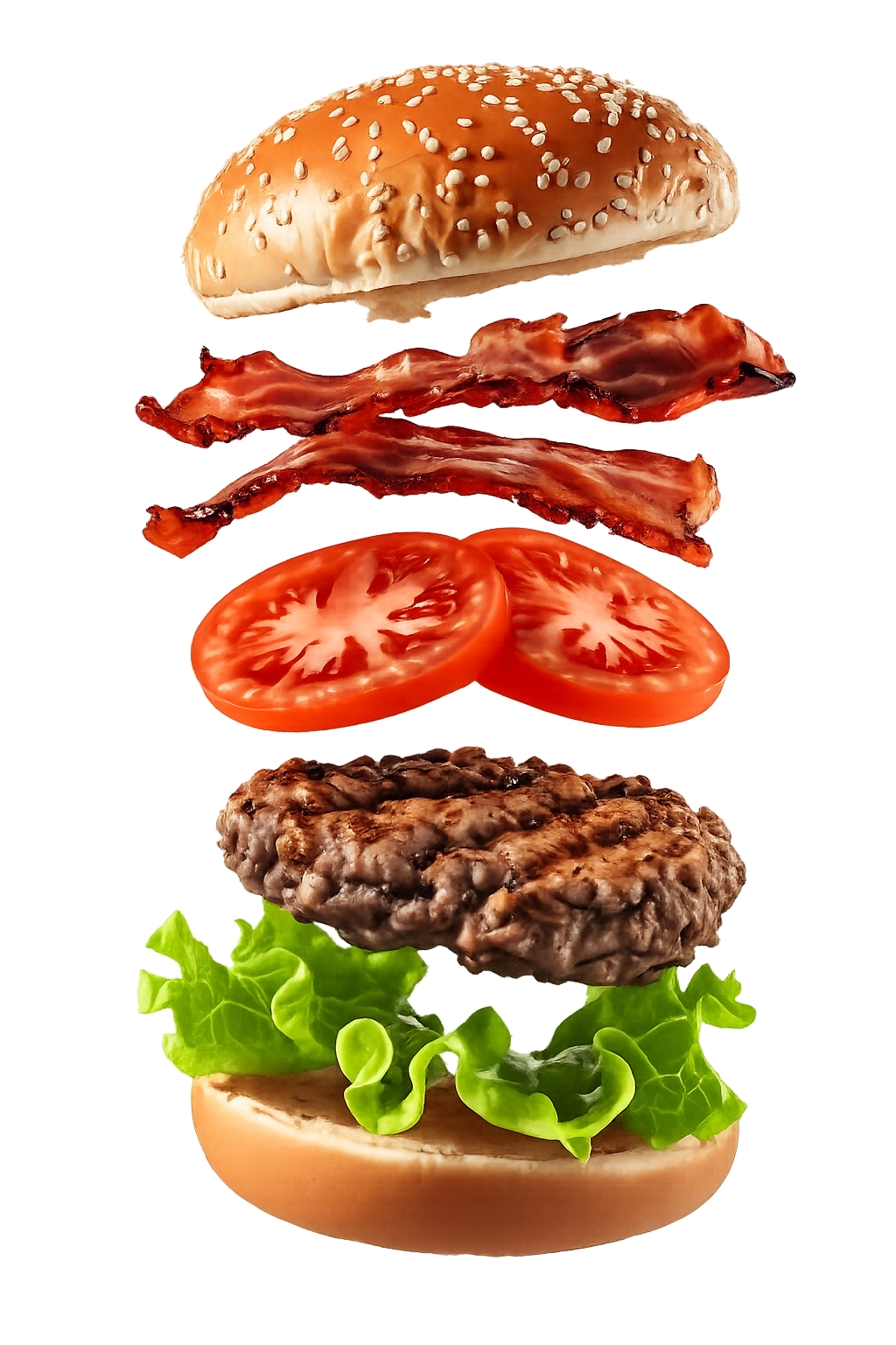 Hambúrguer artesanal com ingredientes flutuando